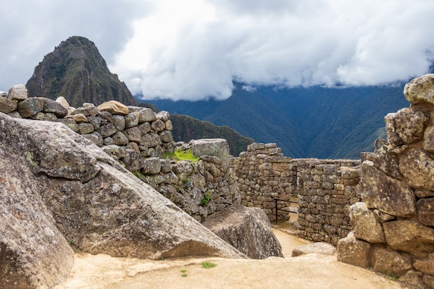 Archeologische overblijfselen van Machu Picchu in de bergen van Cusco. Peru