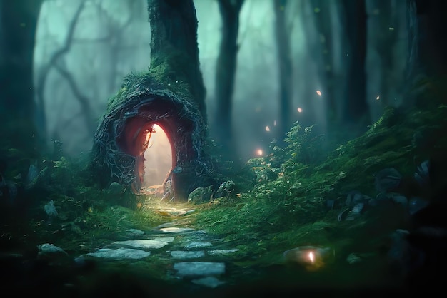 美しい環境の神秘的な魔法の森のアーチェリーポータル