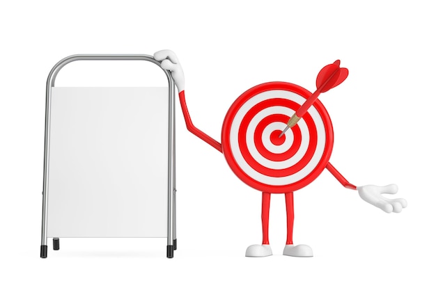 Archery Target and Dart in Center Cartoon Person Character Mascot with White Blank Advertising Promotion Stand 3d Rendering
