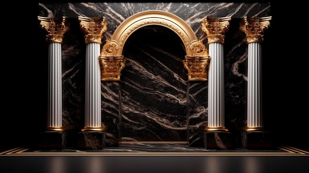 Arches in a black marble wall and columns with golden decor in a dark room Generative AI illustrator