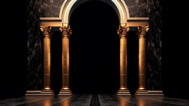 Arches in a black marble wall and columns with golden decor in a dark room Generative AI illustrator