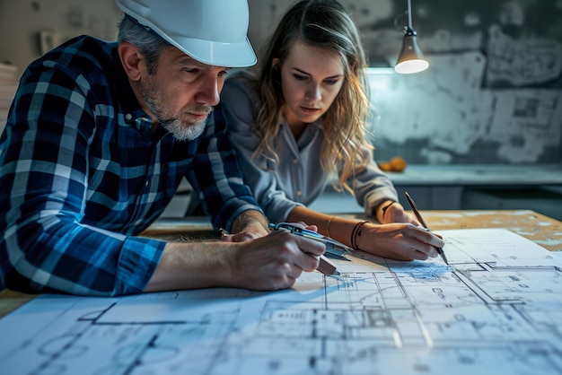 Foto architect aan het werk voor een blauwdruk