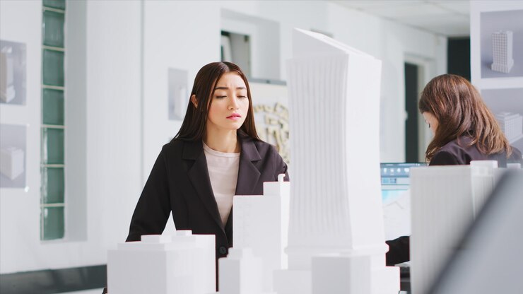 Photo 建築師分析藍圖和 3d 建築模型