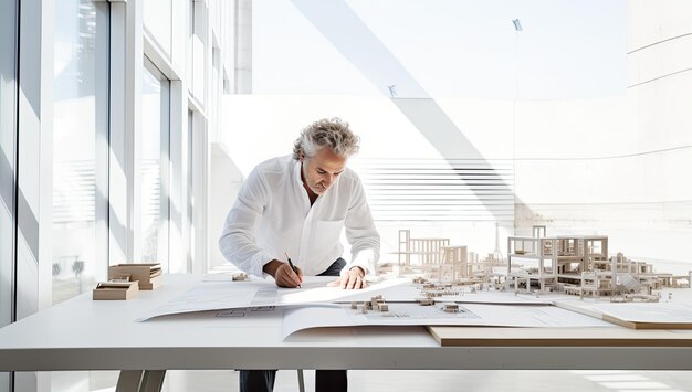 Architect bezig met blauwdruk aan tafel in kantoor architectonisch project
