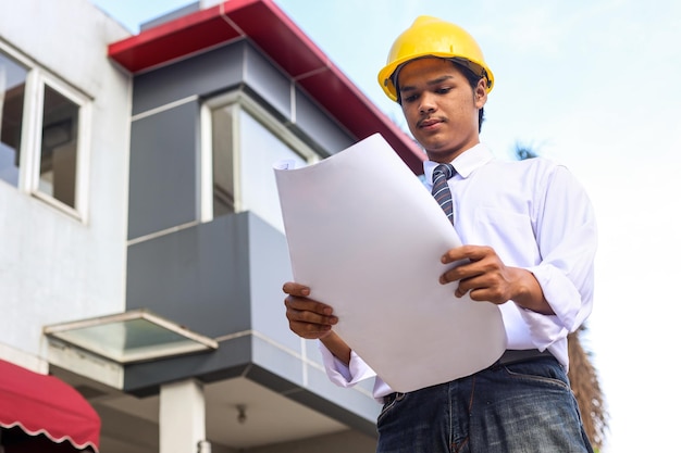 Фото Архитектор-строитель в желтом шлеме изучает план расположения комнат, серьезные работы инженера-строителя