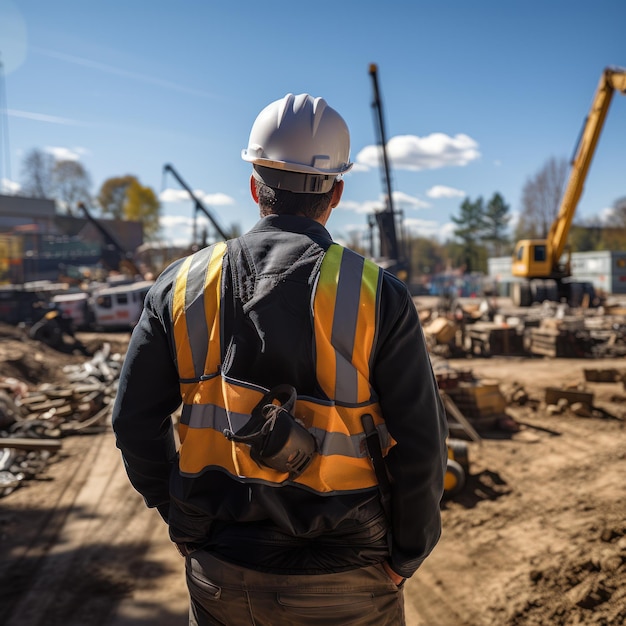 Architect or civil engineer standing outside with his back to the camera at a construction site on a bright day The men wore hard hats shirts and safety vests