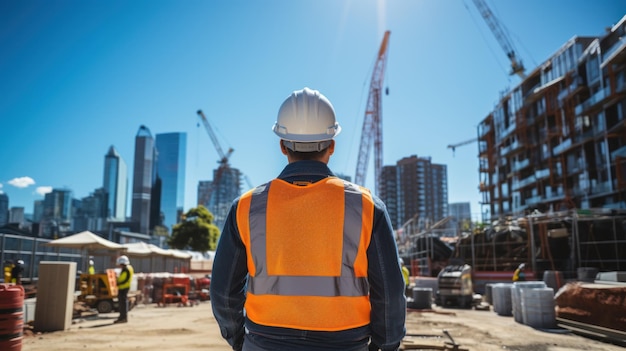 明るい日に建設現場でカメラに背を向けて屋外に立っている建築家または土木技師男性はヘルメットシャツと安全ベストを着ていた