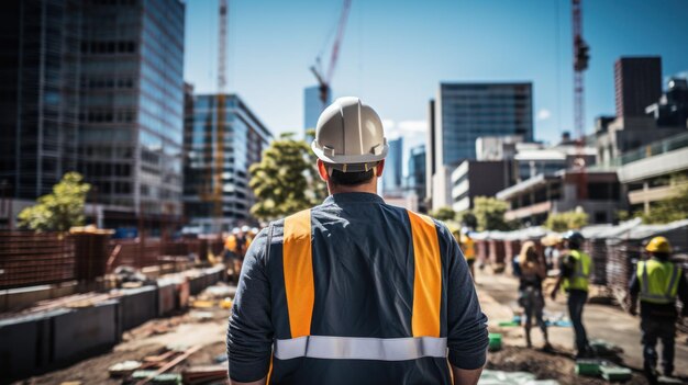 明るい日に建設現場でカメラに背を向けて屋外に立っている建築家または土木技師男性はヘルメットシャツと安全ベストを着ていた