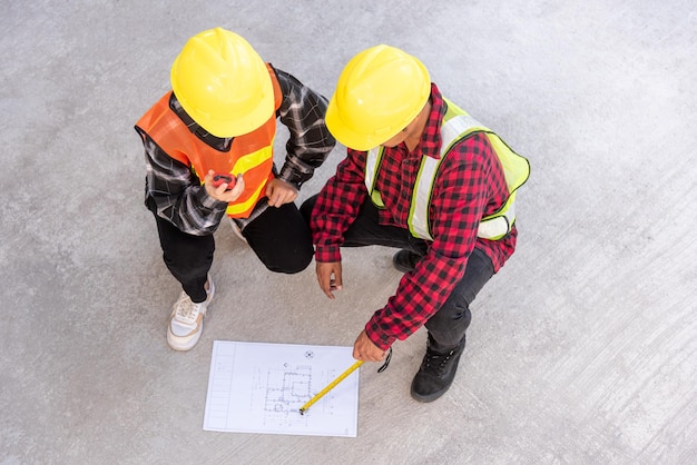 Architect and client discuss help create plan with blueprint of the building at construction site floor. Asian engineer foreman worker man and woman meeting talking on drawing paper project, top view