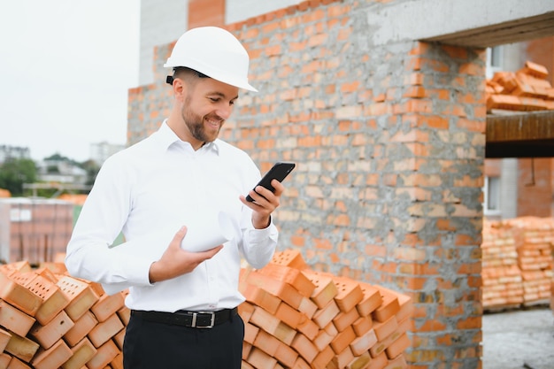 Architect at a construction site with blueprints