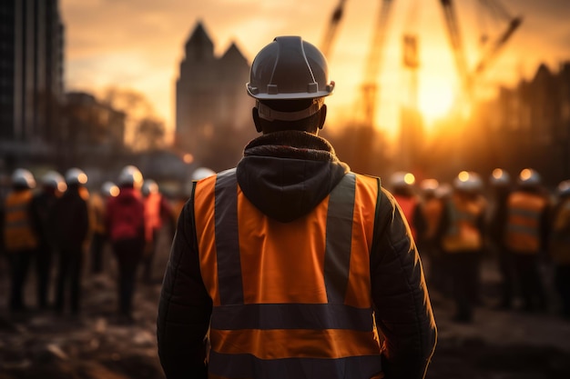 Architect or construction worker or civil engineer or foreman with hard hat and safety vest