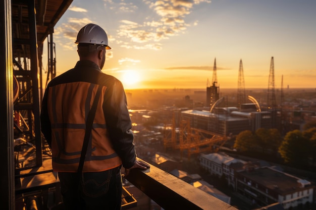 Architect or construction worker or civil engineer or foreman with hard hat and safety vest