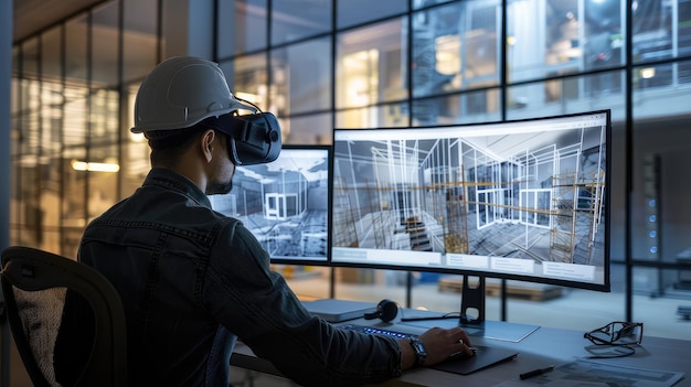 an architect crafting intricate virtual reality spaces as they meticulously design plans on a digital screen showcasing the fusion of technology and creativity in the construction of buildings