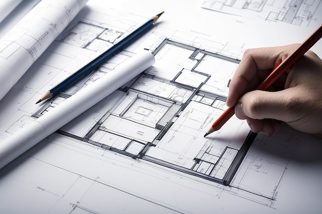 Architect design working drawing sketch plans blueprints in architect studio art working studio
