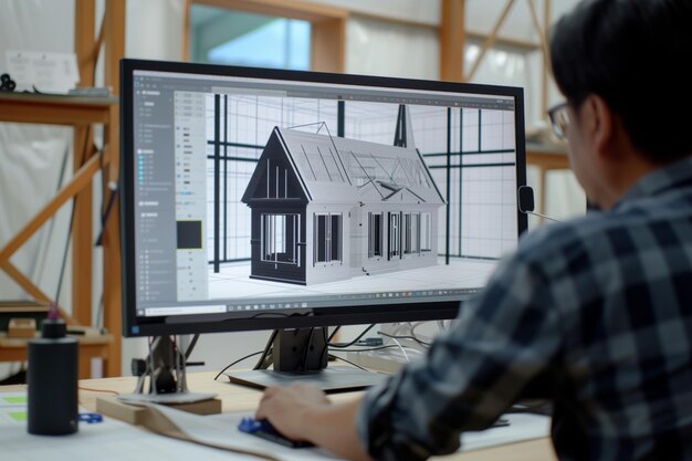 Foto architetto che progetta una casa stampata su un computer