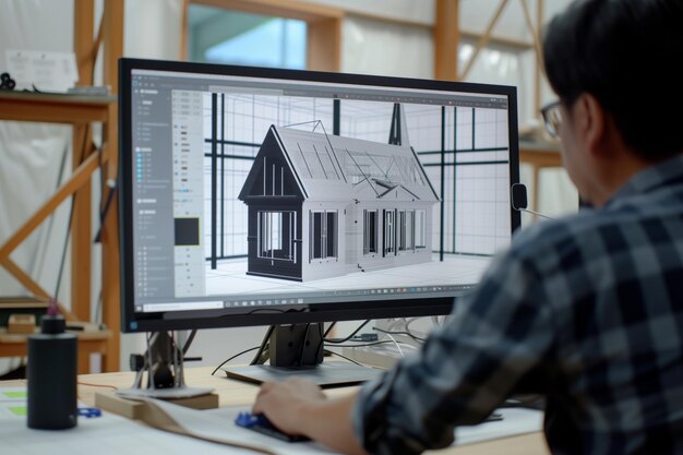 コンピューターで印刷された家を設計する建築家