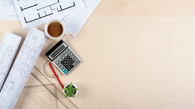 Architect desk with plans and copy-space