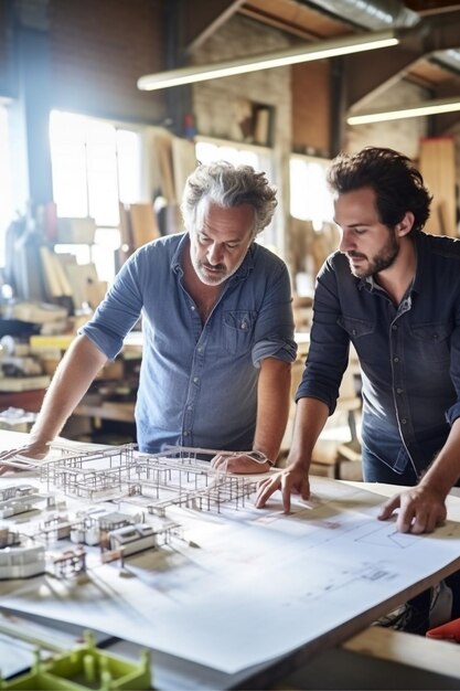 Foto architect die aan de aannemer het bouwplan op tafel legt