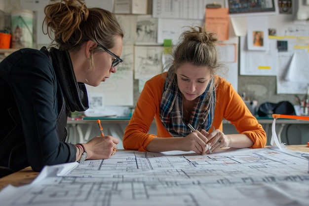 Foto architect die een architect bij het werk helpt voor een blauwdruk