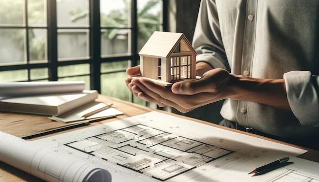 Architect displays a detailed model house over blueprints in a welllit office setting