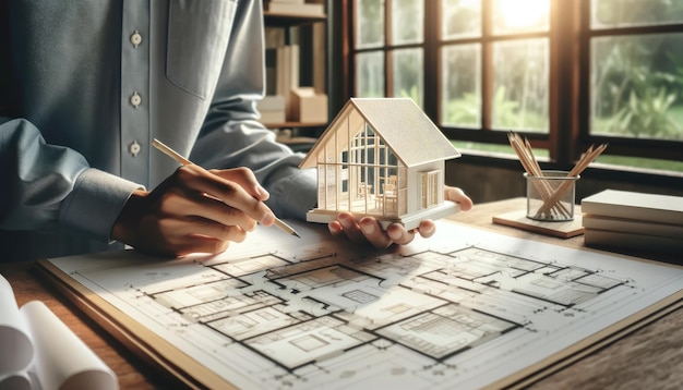 Architect displays a detailed model house over blueprints in a welllit office setting