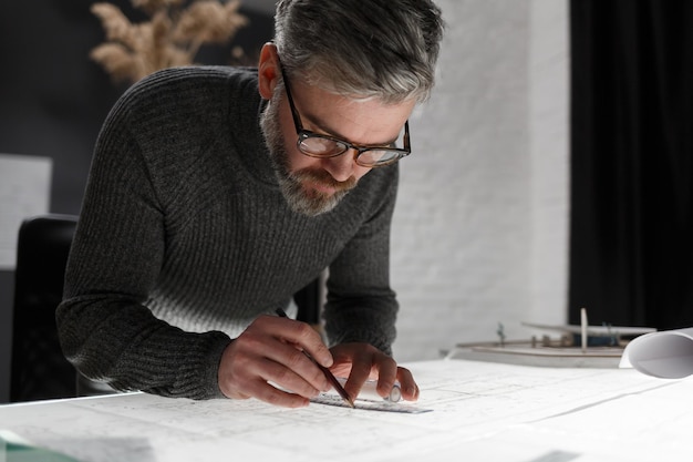 Architect drawing blueprints in office. Engineer sketching a construction project. Architectural plan. Close-up portrait of handsome bearded man concentrated on work. Business construction concept.
