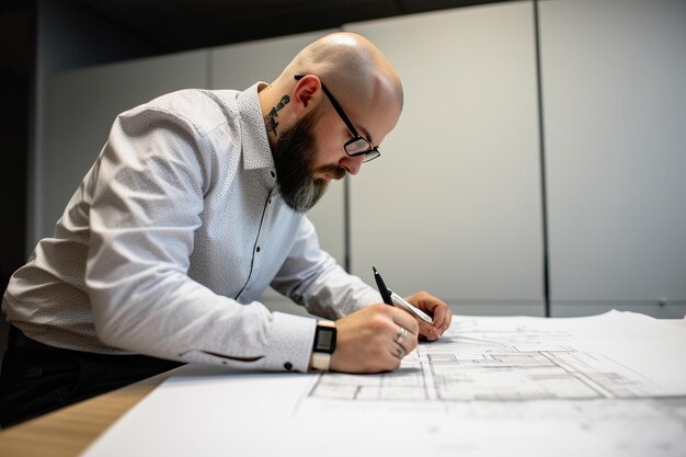 Photo an architect draws a project of a building on paper