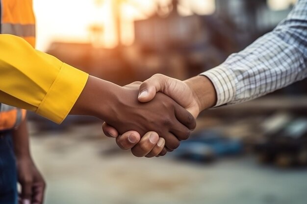 Architect and engineer construction workers shaking hands generative ai