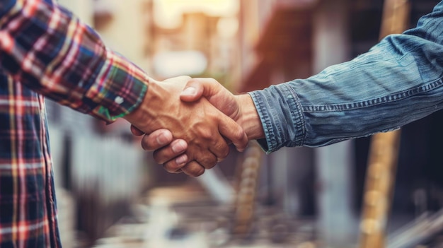 Architect and engineer construction workers shaking hands while working at outdoors construction site Building construction collaboration concept