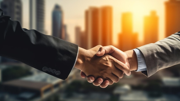 Architect and engineer construction workers shaking hands while working for teamwork