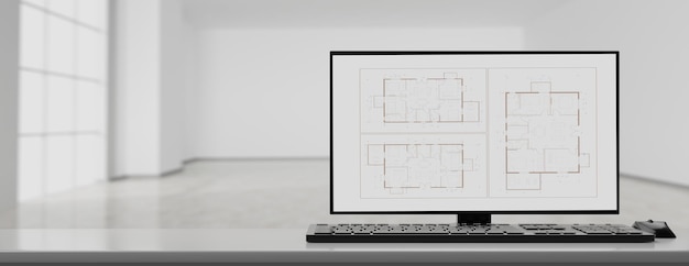 Architect engineer office Building project blueprint plan on a computer screen 3d illustration