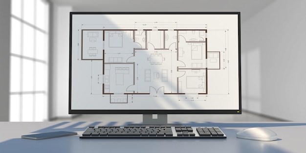 Architect engineer office Building project blueprint plan on a computer screen 3d illustration