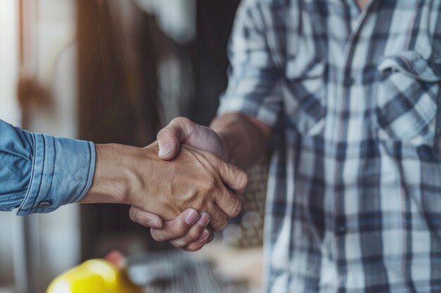 Photo architect and engineer shake hands at indoor construction site