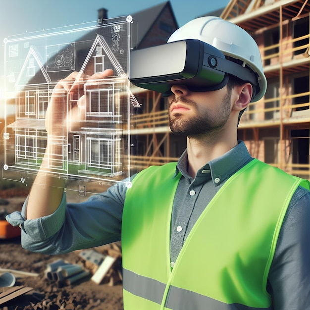 An architect foreman and builder examines the house drawings using virtual reality glasses