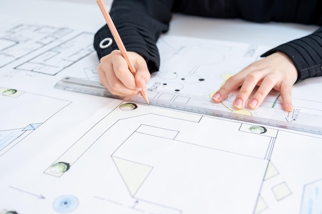 写真 ペンと定規で手を建築家