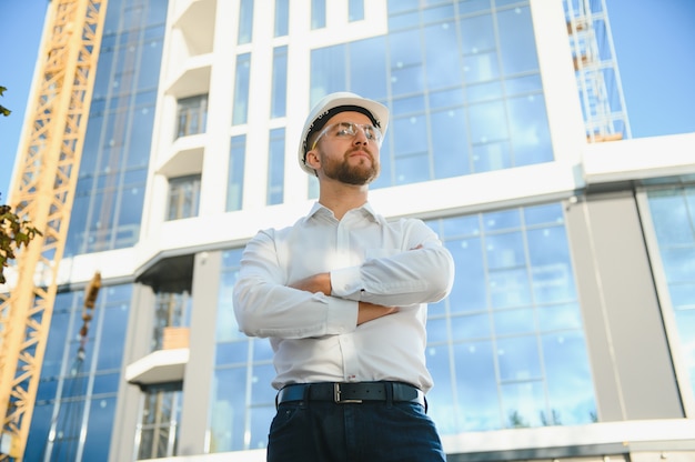 Architect in helmet near new building