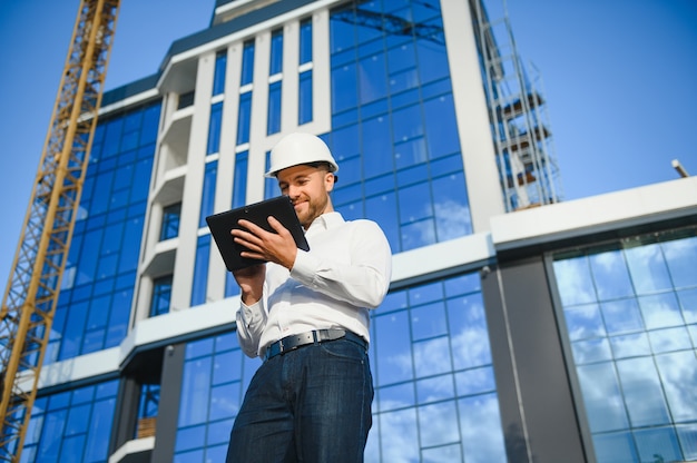 Architect in helmet near new building