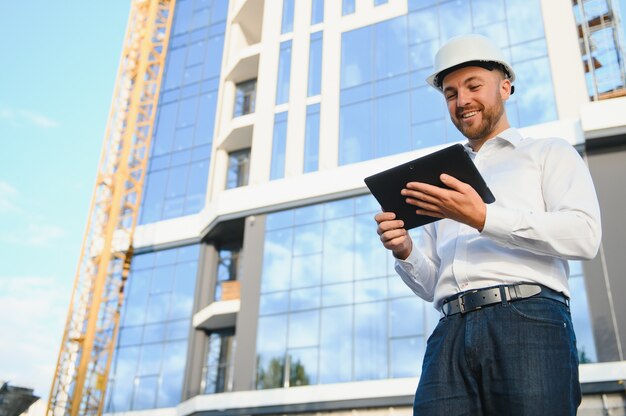 Architetto con elmetto che scrive qualcosa vicino a un nuovo edificio