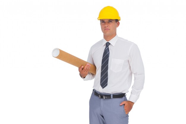 Architect holding a rolled up plan 