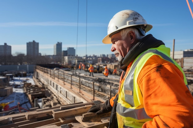 Photo architect intently scrutinizing building plans on rooftop showcasing expertise in design excellence