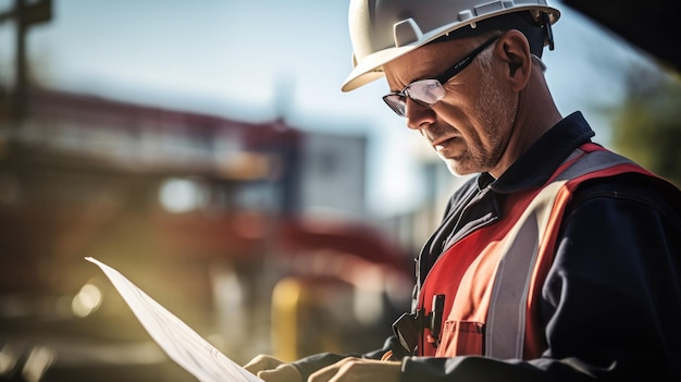 Architect man inspects the project at the construction site