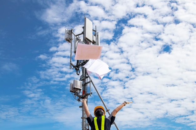 Architect man installs telecom towers throws blueprints celebrating great project success