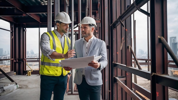 Architect man showing something on project to his colleague foreman