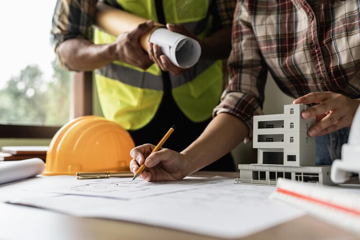 Photo architect man working with blueprints for architectural plan engineer sketching a construction project concept