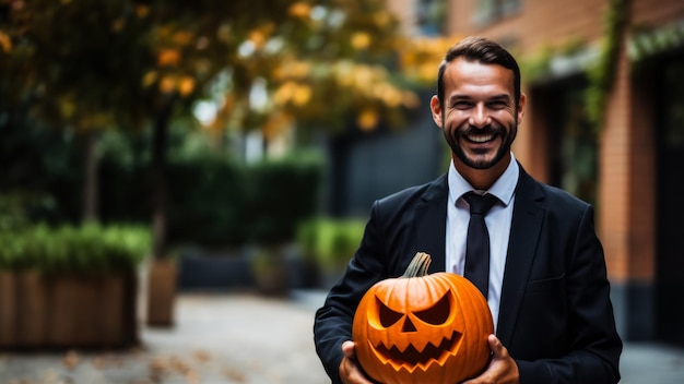 Architect met een Halloween-pompoen op een stevige achtergrond met lege ruimte voor tekst