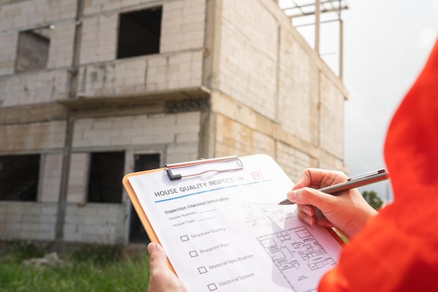 Photo the architect or project engineer is checking on house building quality checklist for inspecting the