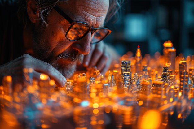 Photo architect reviewing 3d cityscape holograms symbolizing futuristic urban planning