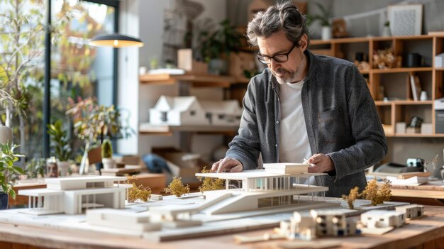 Photo an architect reviewing architectural models and blueprints in a studio filled with natural light symbolizing creativity and vision