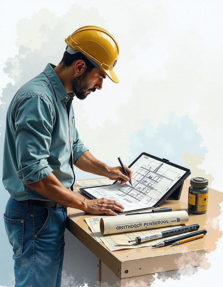 फोटो architect reviewing building plans on construction site for precision and design