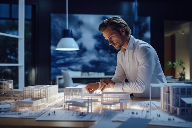 Foto architetto che esamina un modello di edificio alla nightxa